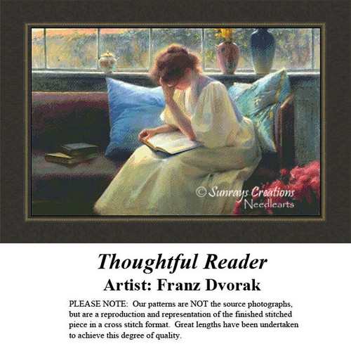 A woman sits on a couch, deep in thought as she reads, surrounded by soft pillows, in this printable pattern from Franz Dvorak's artwork.