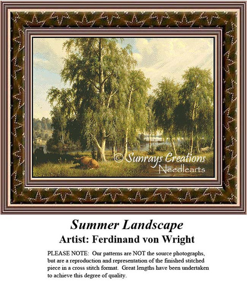 A serene summer landscape with tall trees and a peaceful river, designed as a cross stitch pattern by artist Ferdinand von Wright.