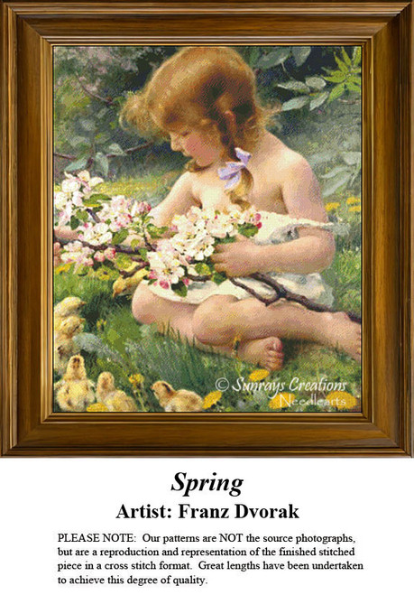A girl sits on green grass with spring blossoms in her lap, surrounded by ducklings, offered as a counted cross stitch pattern.