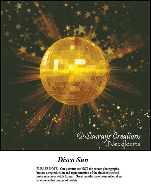 A disco ball radiates golden rays and sparkles, surrounded by stars, designed as a cross stitch chart for vibrant stitching.