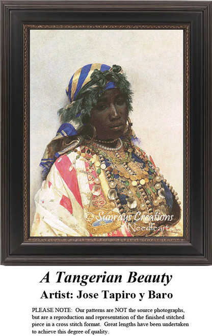 A Tangerian woman adorned with a silk headscarf, vibrant jewelry, and coins, created as an xstitch design from a painting by Jose Tapiro y Baro.