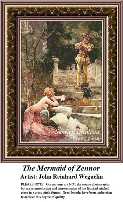 A mermaid rests on stone steps, gazing at a man in a golden outfit, part of a PDF pattern from artist John Reinhard Weguelin's work.