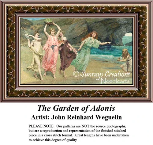 A group of women in flowing dresses gathers in a garden by the sea, crafted as a PDF chart from the artwork of John Reinhard Weguelin.