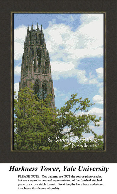 A tall stone tower with Gothic architecture under a blue sky, surrounded by green trees, presented as a printable pattern for cross stitch.