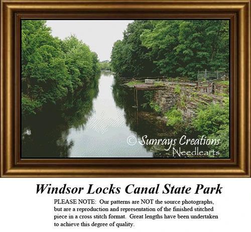 A tranquil canal scene lined with lush greenery, designed as a counted cross stitch design titled Windsor Locks Canal State Park.