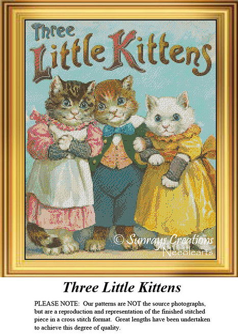 Three cute kittens dressed in fancy outfits pose together for a portrait, set against a light blue background, shown as a counted cross stitch chart.