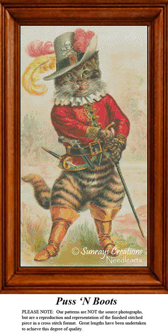 A dapper cat in a red jacket stands confidently with a sword, dressed as Puss 'N Boots, featured in this cross stitch kit by Sunrays Creations.