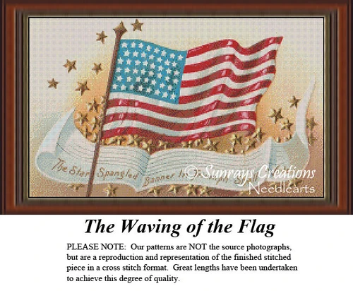 A waving American flag in bold colors, surrounded by golden stars and the words of the Star Spangled Banner, in this cross stitch design.