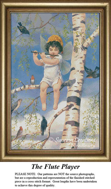 A young male pixie sits in a birch tree, playing a flute to nearby birds, created as a counted cross stitch pattern ready for your next cross stitch.