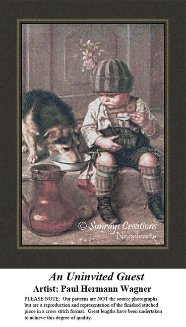 A young boy sits with a bowl of porridge while his dog laps from it, illustrated in this xstitch pattern by Paul Hermann Wagner.