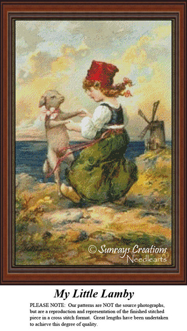 A little Dutch girl at the seashore plays with her pet lamb in a pink satin bow while a windmill turns in the distance, shown in this digital pattern.