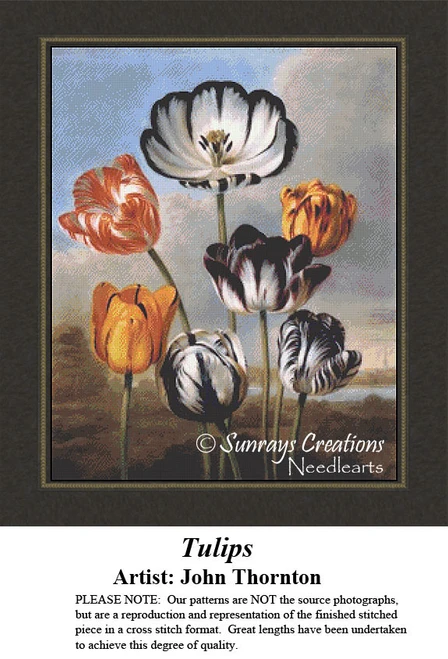 A collection of tulips in vibrant colors, set against a blue-gray background, crafted as a downloadable pattern from a painting by John Thornton.