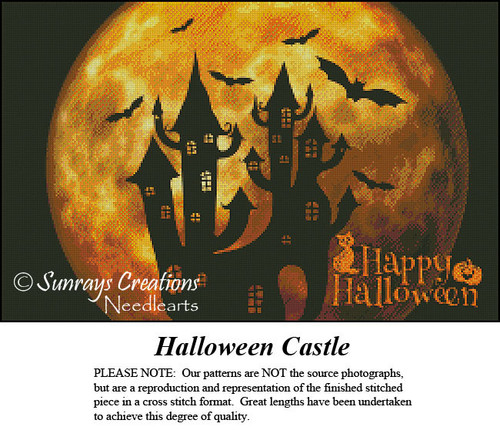 A silhouette of a whimsical castle stands against an orange sunset sky, surrounded by bats, frozen in time as a counted cross stitch pattern.