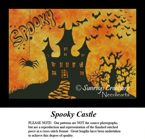 A silhouette of a castle under a sunset sky, with bats flying and a large black spider, shown as a counted cross stitch project.