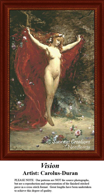 A nude woman, draped in a flowing red cape, hovers gracefully against a rustic background, designed as a cross stitch kit by Carolus-Duran.
