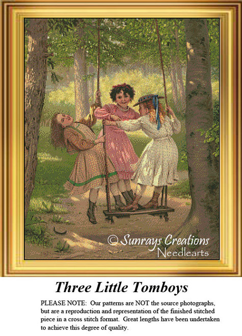 Three girls in Sunday dresses play on a swing beneath trees, embodying joy and friendship in this xstitch design.
