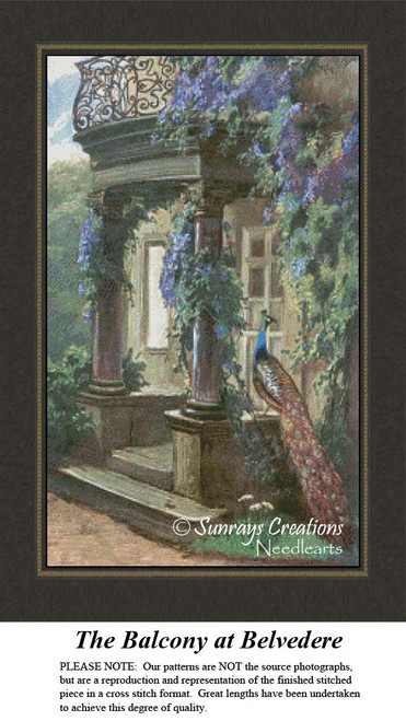 An ornate balcony adorned with wisteria overlooks a lush garden, with a peacock perched nearby, offered as a counted cross stitch pattern.
