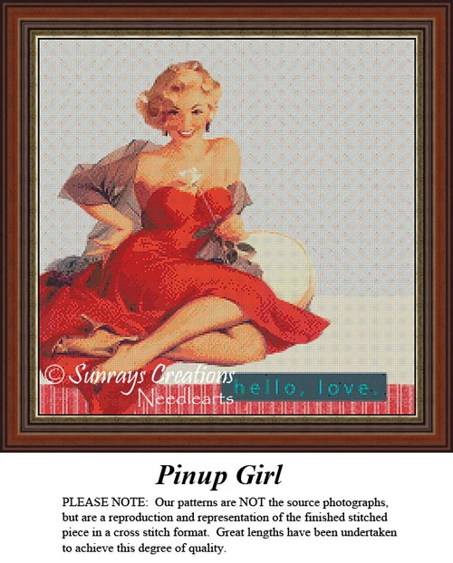 A sassy woman in a red dress holds a white rose, smiling playfully in this Pinup Girl PDF chart, perfect for DMC floss on aida cloth.