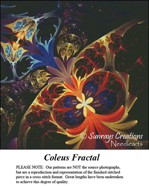 A vibrant fractal design with colorful fronds reminiscent of a Coleus plant, available as a digital file for cross stitch projects.