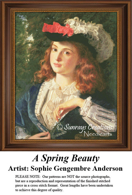 A young woman with flowing red hair and large brown eyes poses gracefully, yours as a counted cross stitch kit.