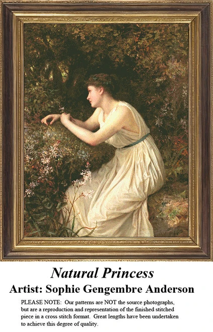 A young woman in a plain ecru dress, seated in a lush garden, designed as a cross stitch project from the work of Sophie Gengembre Anderson.