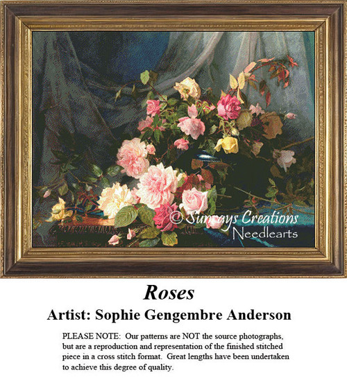 A bouquet of pale yellow and pink roses arranged on a table against a teal and gray backdrop, reimagined as a counted cross stitch pattern.