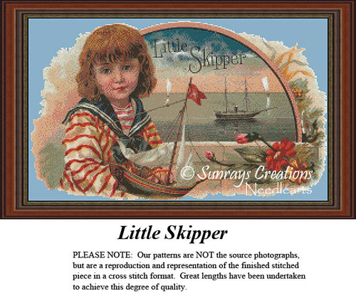 A young boy in nautical clothing holds a sailboat, surrounded by a scenic collage, brought to life as a counted cross stitch pattern.