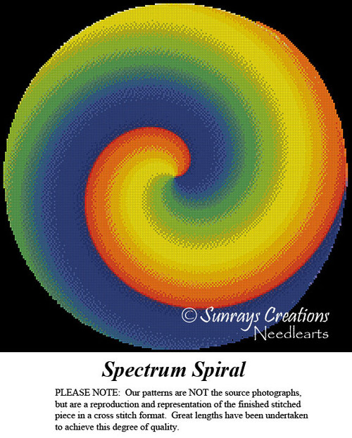 A colorful spiral pattern with vibrant blue, green, yellow, and orange shades is displayed as a cross stitch design, resembling a swirling marble.