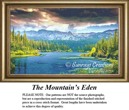 A tranquil lake surrounded by tall pines and a majestic mountain range under detailed clouds, depicted as a cross stitch chart for stitchers.