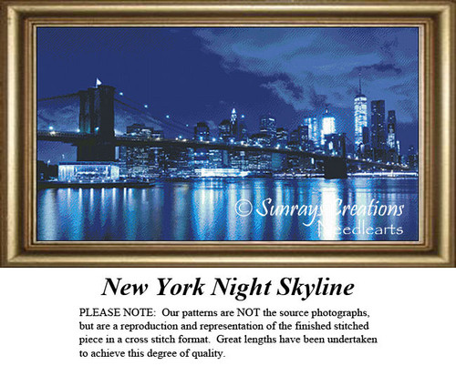 A night skyline of New York with glowing buildings reflected in the water, displayed as an xstitch chart. Perfect for your landscape collection.
