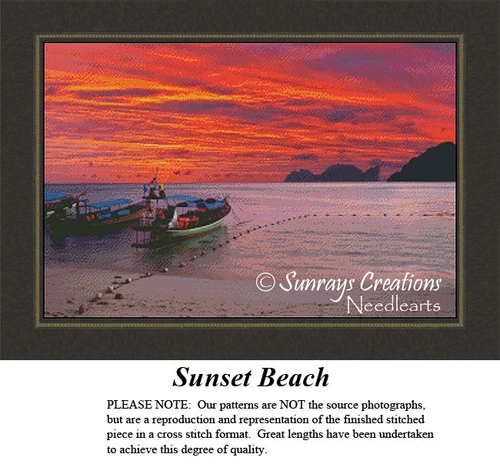 A serene beach scene at sunset with a vibrant orange and purple sky, two boats resting on the shore in this xstitch design.