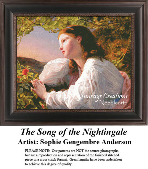 A young woman with flowing hair gazes thoughtfully, listening to a nightingale's song, in this PDF pattern from artist Sophie Gengembre Anderson.