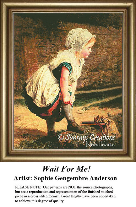 A little girl tying her shoes stands in a rustic setting, ready to catch up with friends, designed as a digital file from Sophie Gengembre Anderson's