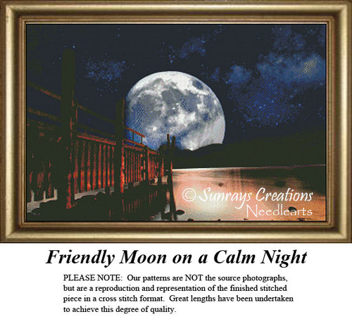A large, bright moon illuminates the night sky over a calm body of water, framed by a rustic wooden pier, in this printable pattern.