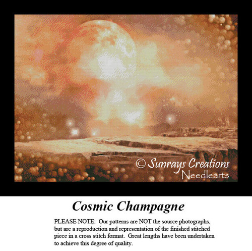 A large moon glows in a champagne-colored atmosphere filled with various planets and spheres in this downloadable pattern for cross stitch.
