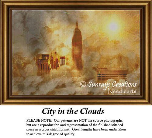 A large cross stitch pattern of a city skyline with skyscrapers surrounded by clouds, bathed in golden sunlight, evoking a fantasy atmosphere.