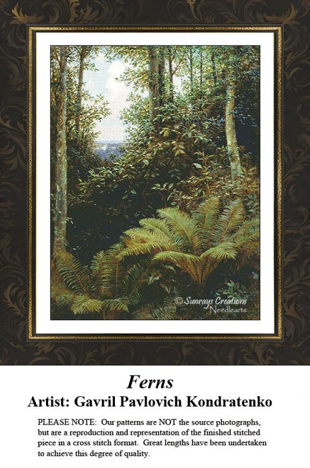 A dense forest scene with two large ferns in the foreground, designed as a cross stitch pattern by artist Gavril Pavlovich Kondratenko.