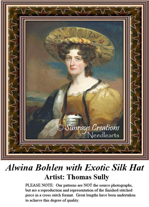 A woman with curly hair wears a wide-brimmed hat adorned with flowers, featured in this xstitch pattern after Thomas Sully's artwork.