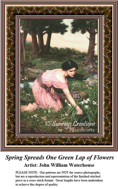 A woman in a pink dress kneels among vibrant flowers in a lush garden, designed as a large cross stitch pattern by John William Waterhouse.