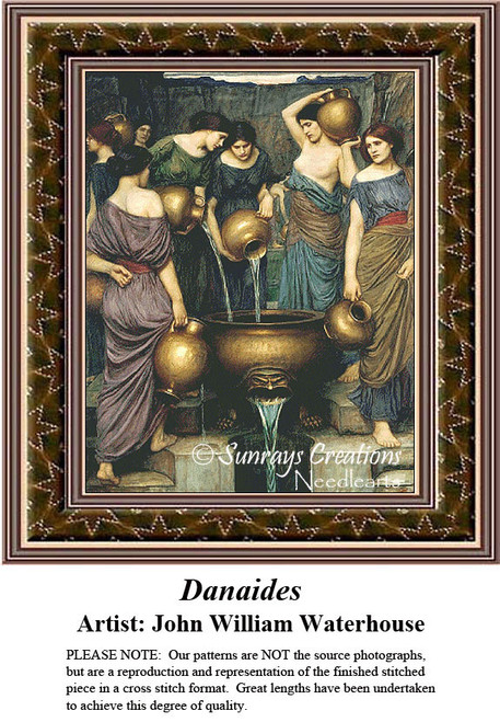 Seven women gather around a large urn, pouring water, depicted as a counted cross stitch pattern, waiting as your next cross stitch project.