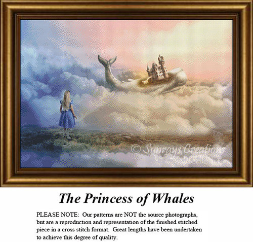 A young princess in a blue dress stands on a cloud, watching her castle nestled on the back of a whale in this counted cross stitch pattern.