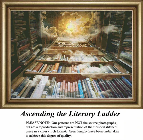 A view of towering shelves filled with books reaching for the sky, framed as a counted cross stitch chart, invites dreams of knowledge and adventure.