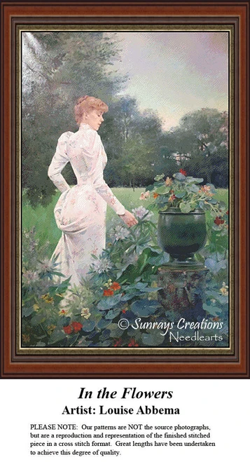 A woman in a flowing white dress stands in a lush garden, touching the leaves of blooming flowers, in the xstitch chart from artist Louise Abbema.