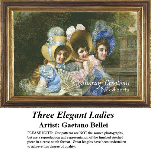 Three elegantly dressed women in ornate bonnets smile, surrounded by greenery, designed as a counted xstitch kit from Gaetano Bellei's artistic era.