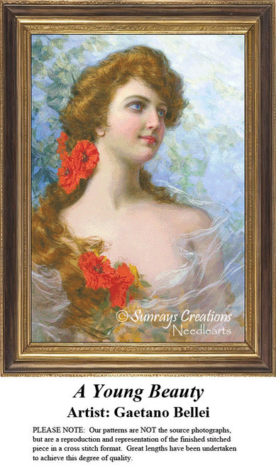 A young woman with honey gold hair and red flowers is depicted, ready for your next cross stitch project by artist Gaetano Bellei.
