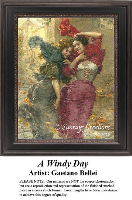 Two women in flowing dresses joyfully embrace the wind, surrounded by swirling golden leaves in this printable pattern by Gaetano Bellei.