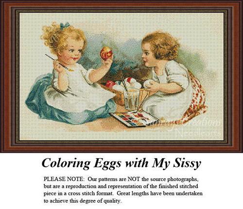 Two young girls joyfully color Easter eggs together, surrounded by paintbrushes and colorful palettes, in this cross stitch project.