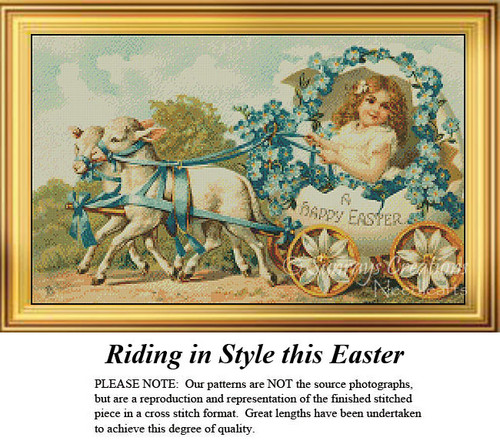 A little girl rides in a cart adorned with flowers, pulled by Easter lambs, offered as a counted cross stitch pattern.