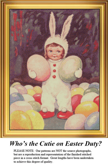 A toddler in a bunny costume holds large Easter eggs among colorful eggs, designed as a counted cross stitch kit with just full cross stitches.