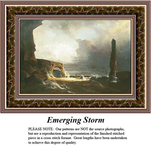 Waves crash against a rocky shore with a tall ruin to the right, designed as a counted cross stitch pattern, waiting as your next cross stitch.